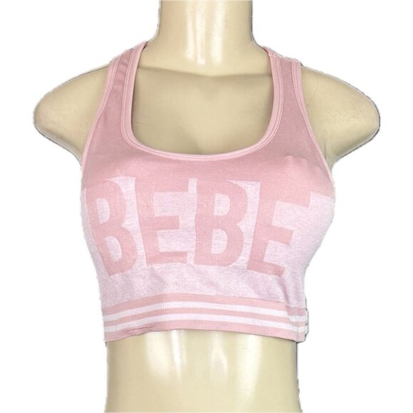 Bebe Sport L Pink Logo Ribbed 4 Way Stretch Removable Pads Racerback Sports Bra - Picture 2 of 6